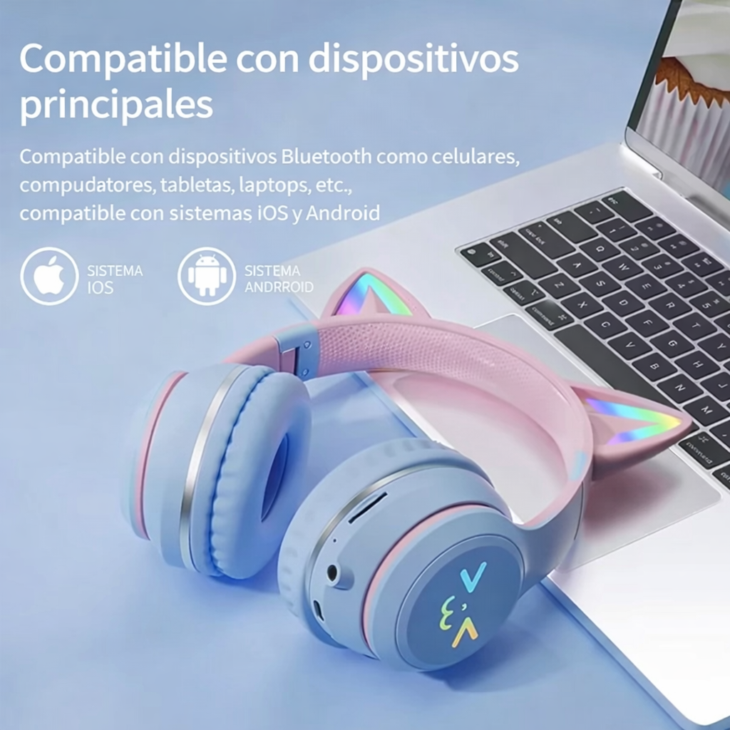 Audífonos Bluetooth Cat Ear con Luces RGB