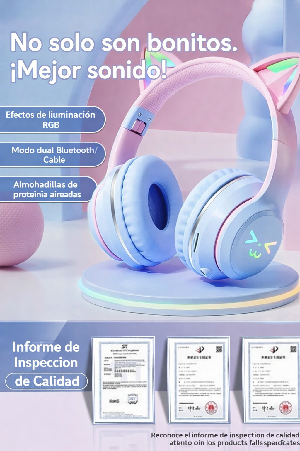 Audífonos Bluetooth Cat Ear con Luces RGB