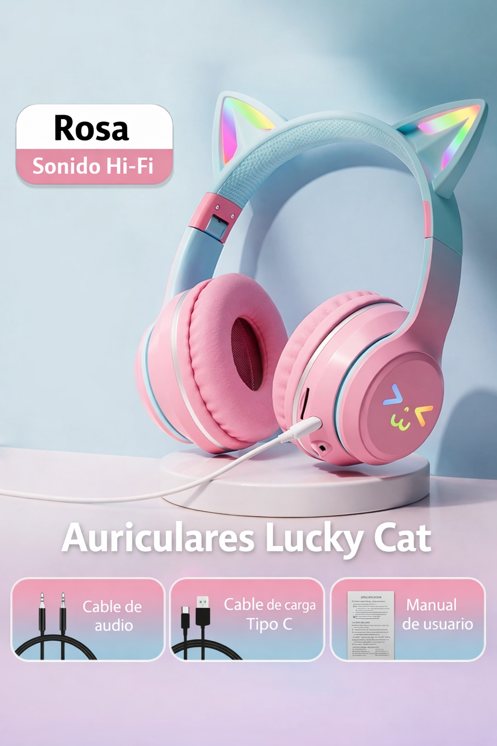 Audífonos Bluetooth Cat Ear con Luces RGB