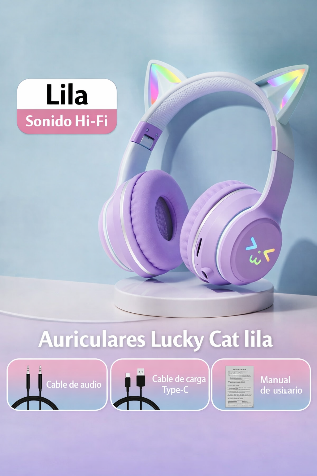 Audífonos Bluetooth Cat Ear con Luces RGB