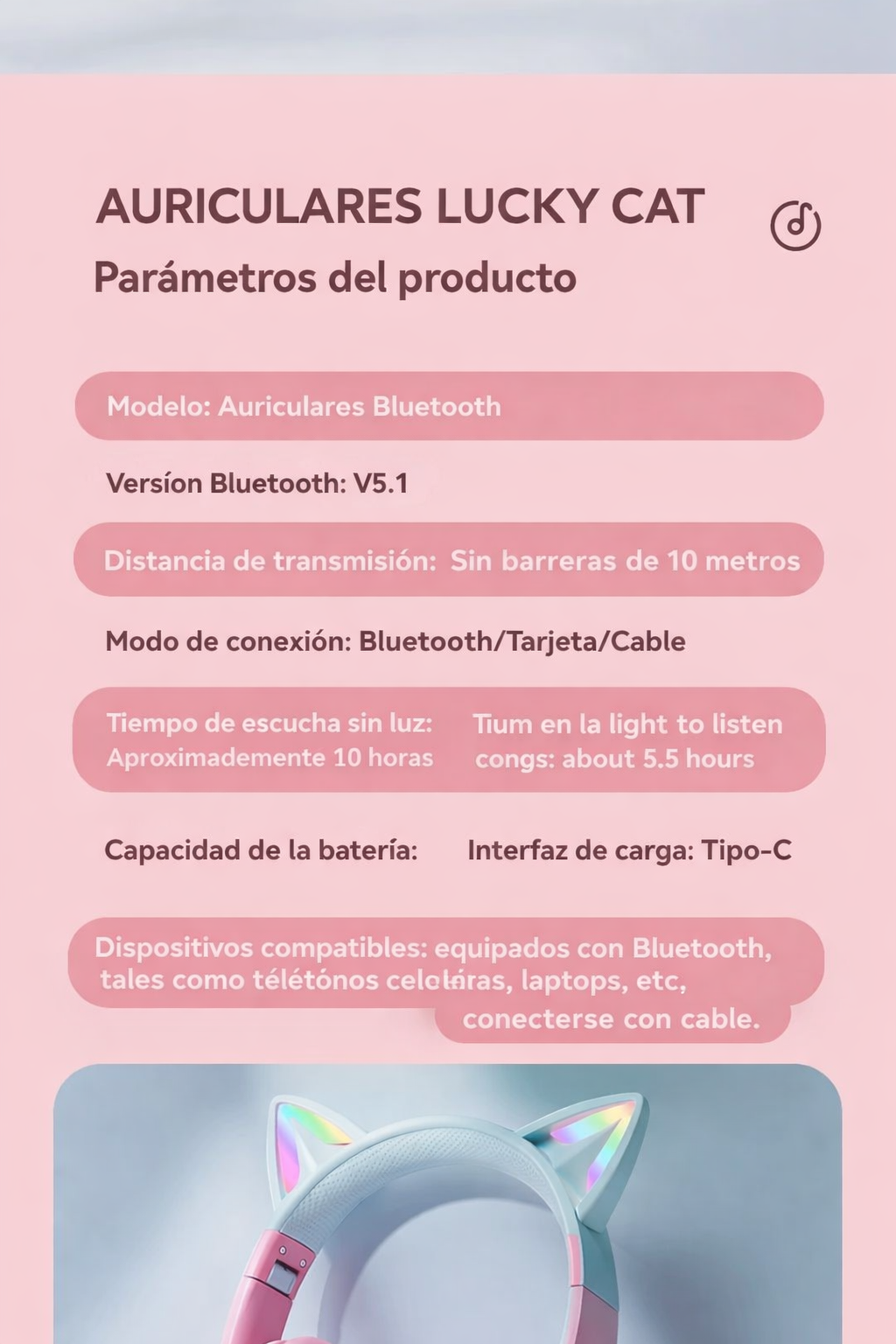 Audífonos Bluetooth Cat Ear con Luces RGB
