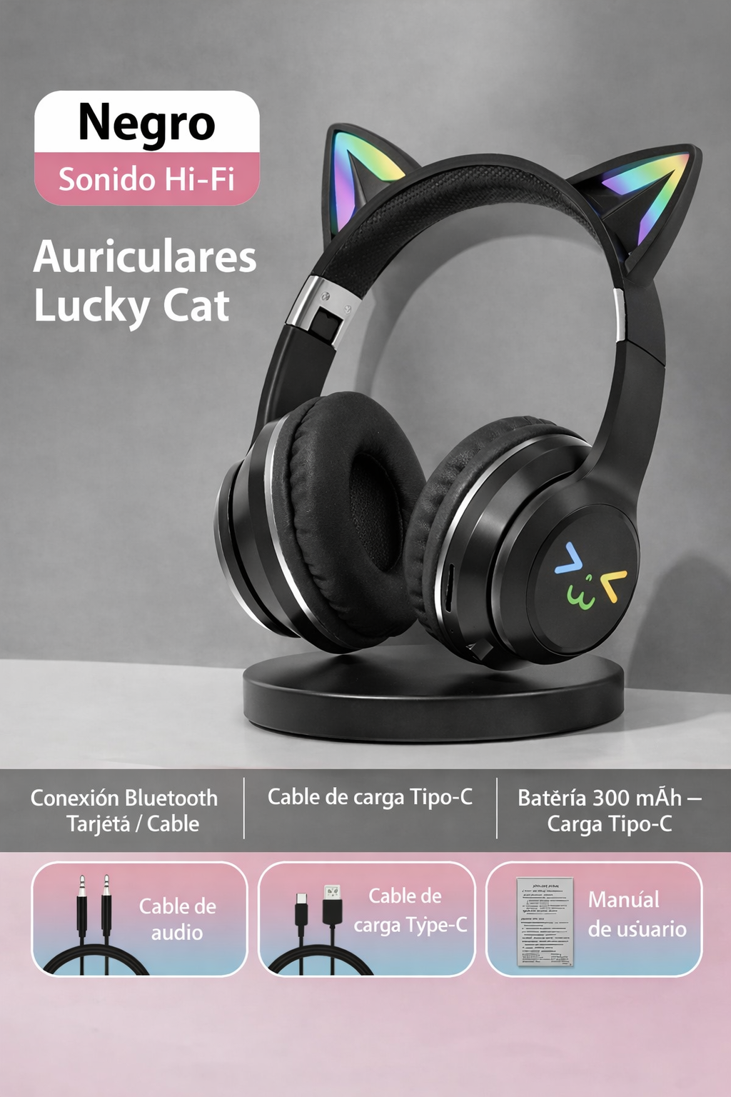 Audífonos Bluetooth Cat Ear con Luces RGB