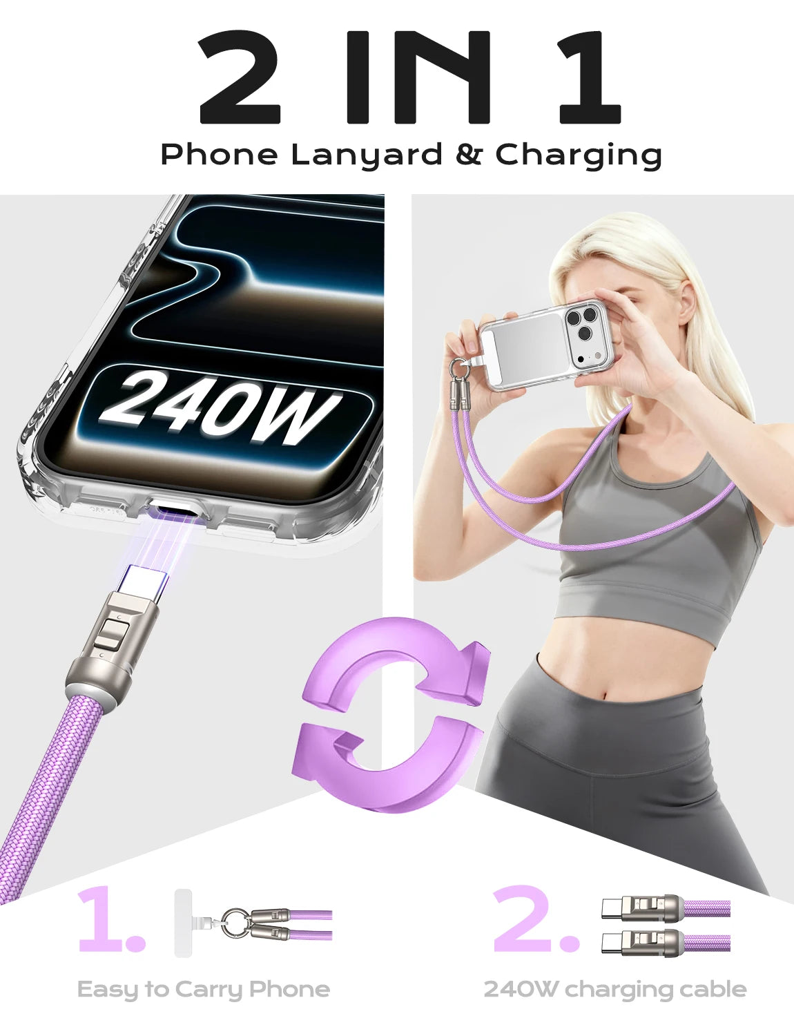 Cable USB-C 240W con Cordón 2 en 1 AUFU