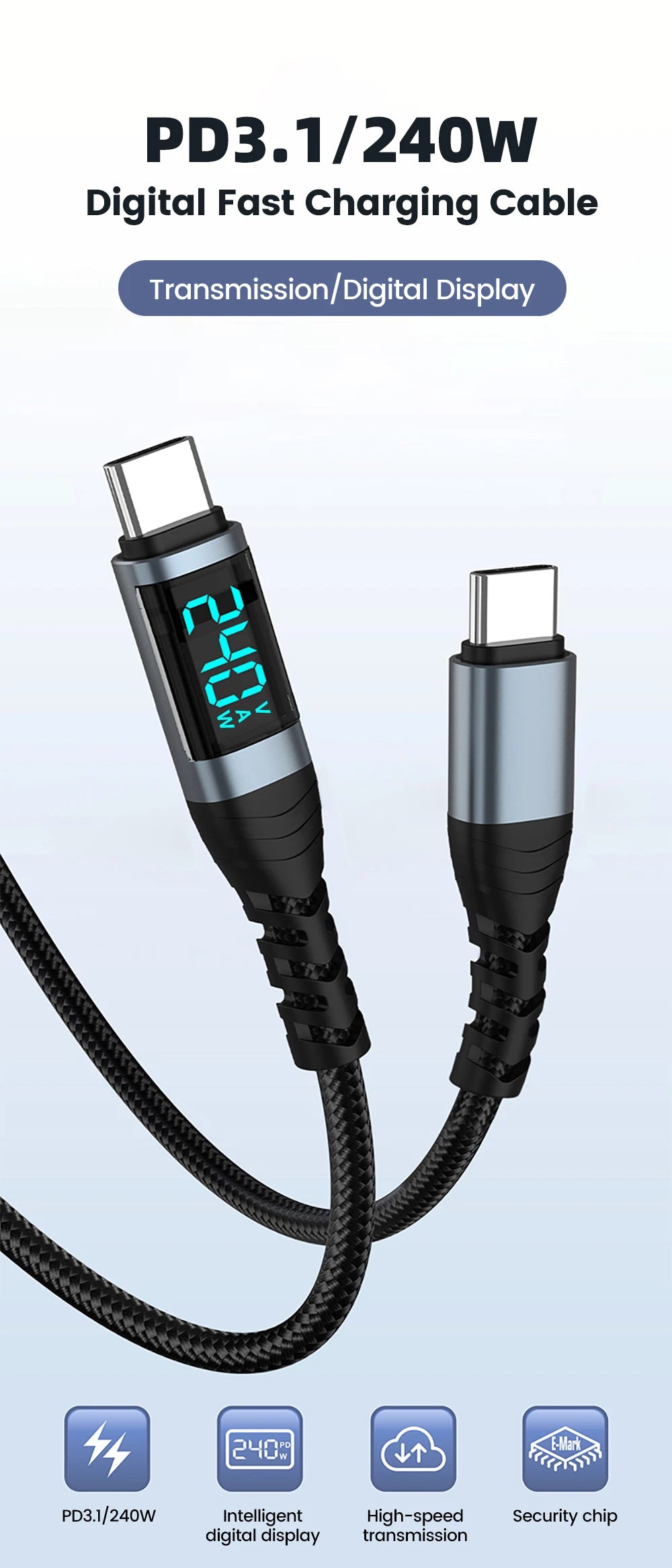 Cable USB-C 240W con Display Digital de Carga